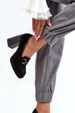 Skórzane Czółenka Na Masywnym Słupku Laura Messi 2706 Czarne