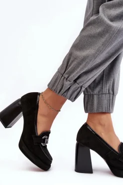 Skórzane Czółenka Na Masywnym Słupku Laura Messi 2706 Czarne