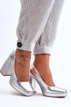 Skórzane Czółenka Na Masywnym Obcasie Srebrne Rosalia