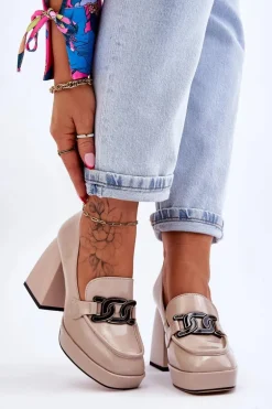 Skórzane Czółenka Na Masywnym Obcasie Beżowe Maximo