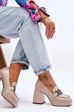 Skórzane Czółenka Na Masywnym Obcasie Beżowe Maximo