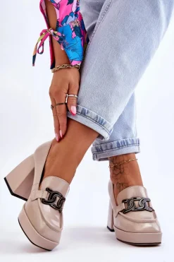 Skórzane Czółenka Na Masywnym Obcasie Beżowe Maximo