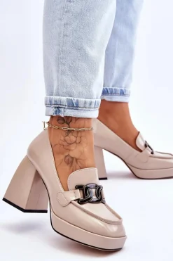 Skórzane Czółenka Na Masywnym Obcasie Beżowe Maximo