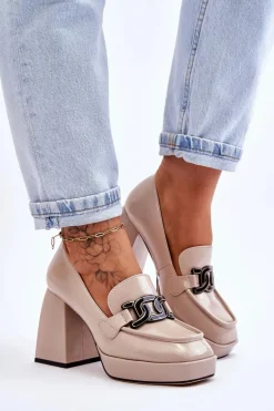 Skórzane Czółenka Na Masywnym Obcasie Beżowe Maximo