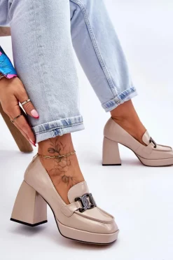 Skórzane Czółenka Na Masywnym Obcasie Beżowe Maximo