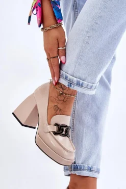 Skórzane Czółenka Na Masywnym Obcasie Beżowe Maximo