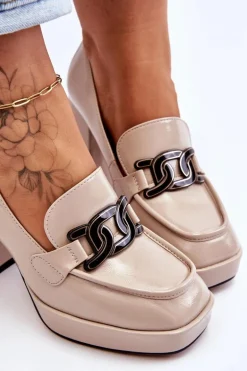 Skórzane Czółenka Na Masywnym Obcasie Beżowe Maximo