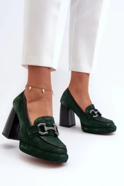 Skórzane Czółenka Na Masywnym Słupku Laura Messi 2706 Ciemnozielone