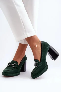 Skórzane Czółenka Na Masywnym Słupku Laura Messi 2706 Ciemnozielone