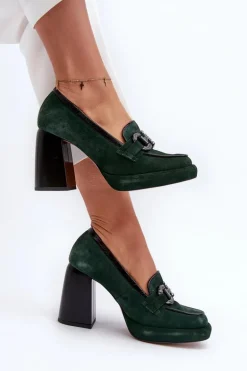 Skórzane Czółenka Na Masywnym Słupku Laura Messi 2706 Ciemnozielone