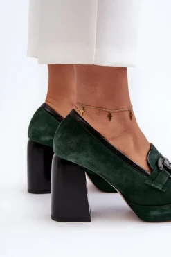 Skórzane Czółenka Na Masywnym Słupku Laura Messi 2706 Ciemnozielone