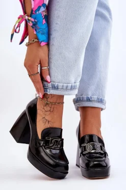 Skórzane Czółenka Na Masywnym Obcasie Czarne Maximo