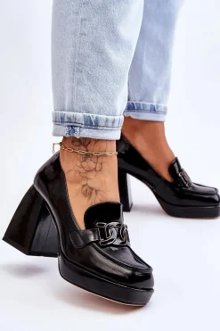 Skórzane Czółenka Na Masywnym Obcasie Czarne Maximo