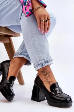 Skórzane Czółenka Na Masywnym Obcasie Czarne Maximo