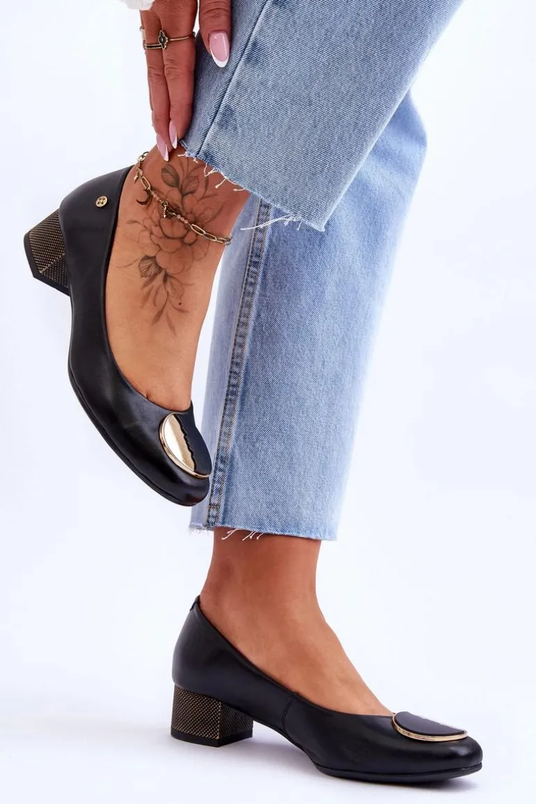 Skórzane Czółenka Na Niskim Obcasie Maciejka 05960-01 Czarne