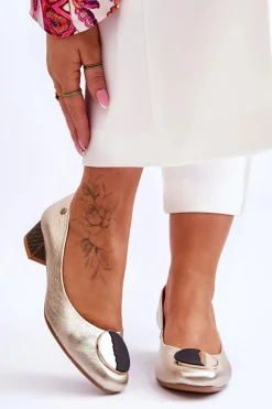 Skórzane Czółenka Na Niskim Obcasie Maciejka 05960-25 Złote