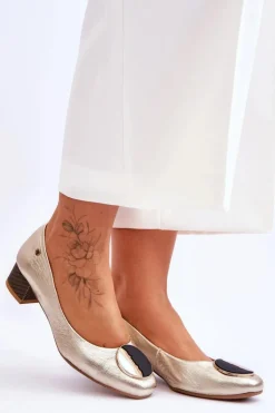 Skórzane Czółenka Na Niskim Obcasie Maciejka 05960-25 Złote