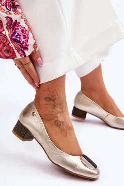 Skórzane Czółenka Na Niskim Obcasie Maciejka 05960-25 Złote