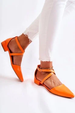 Skórzane Czółenka Na Niskim Obcasie Pomarańczowe Giovanna