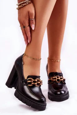 Skórzane Czółenka Na Platformie I Słupku Lewski Shoes 3197 Czarne