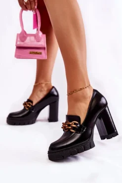 Skórzane Czółenka Na Platformie I Słupku Lewski Shoes 3197 Czarne