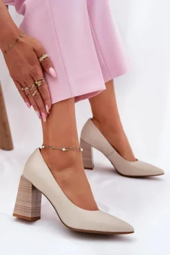 Skórzane Czółenka Na Słupku Beżowe Gregosa