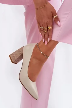 Skórzane Czółenka Na Słupku Beżowe Gregosa