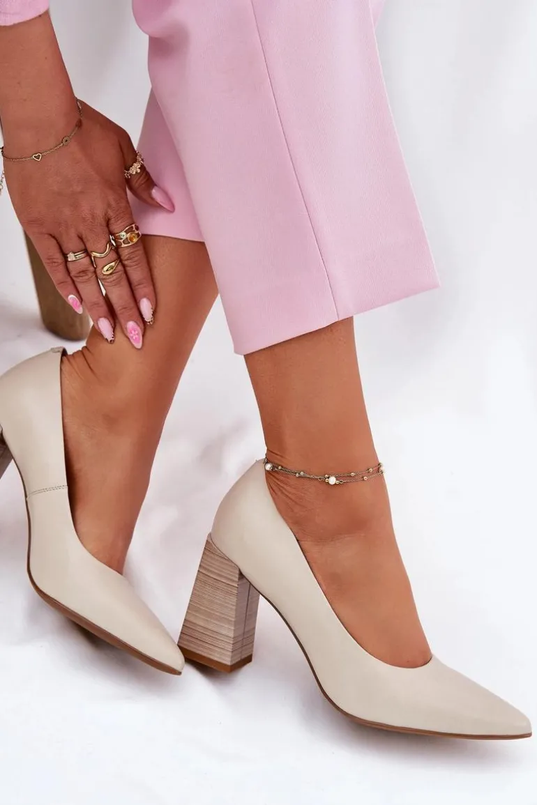 Skórzane Czółenka Na Słupku Beżowe Gregosa