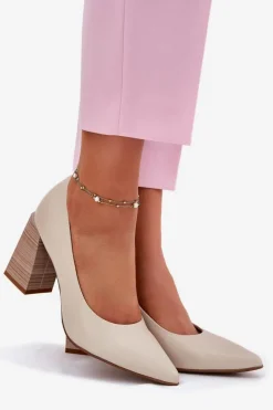 Skórzane Czółenka Na Słupku Beżowe Gregosa