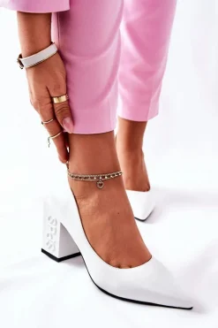 Skórzane Czółenka Na Słupku Białe Cherith