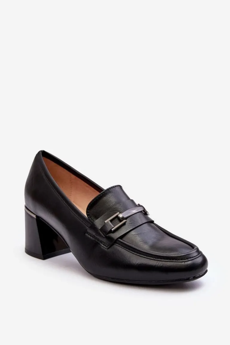 Skórzane Czółenka Na Słupku Czarne Idona