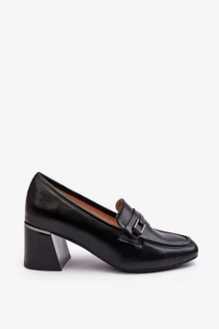 Skórzane Czółenka Na Słupku Czarne Idona