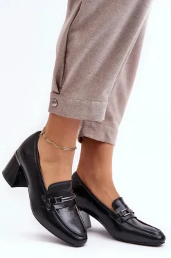 Skórzane Czółenka Na Słupku Czarne Idona