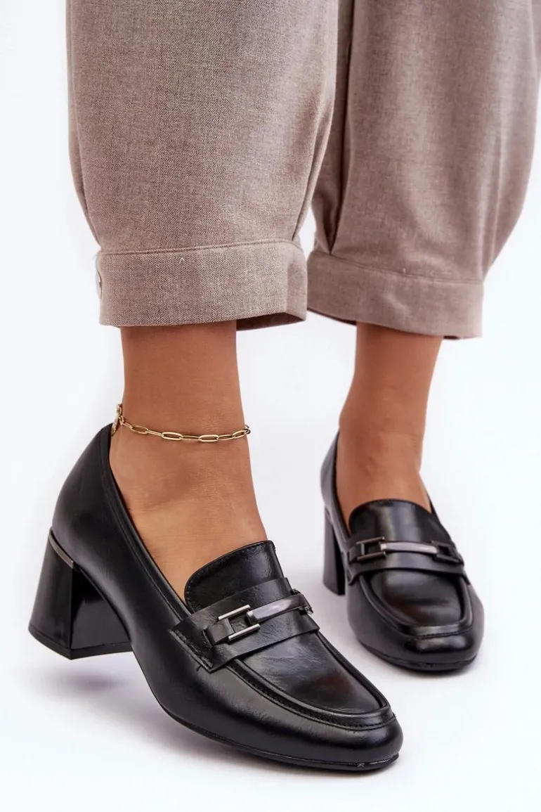 Skórzane Czółenka Na Słupku Czarne Idona