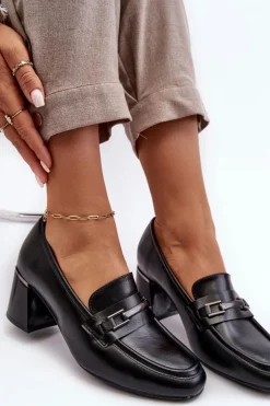 Skórzane Czółenka Na Słupku Czarne Idona