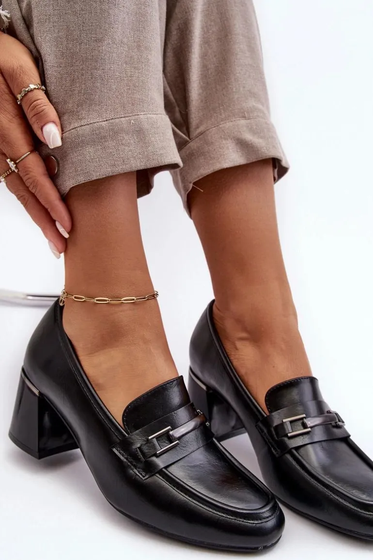 Skórzane Czółenka Na Słupku Czarne Idona