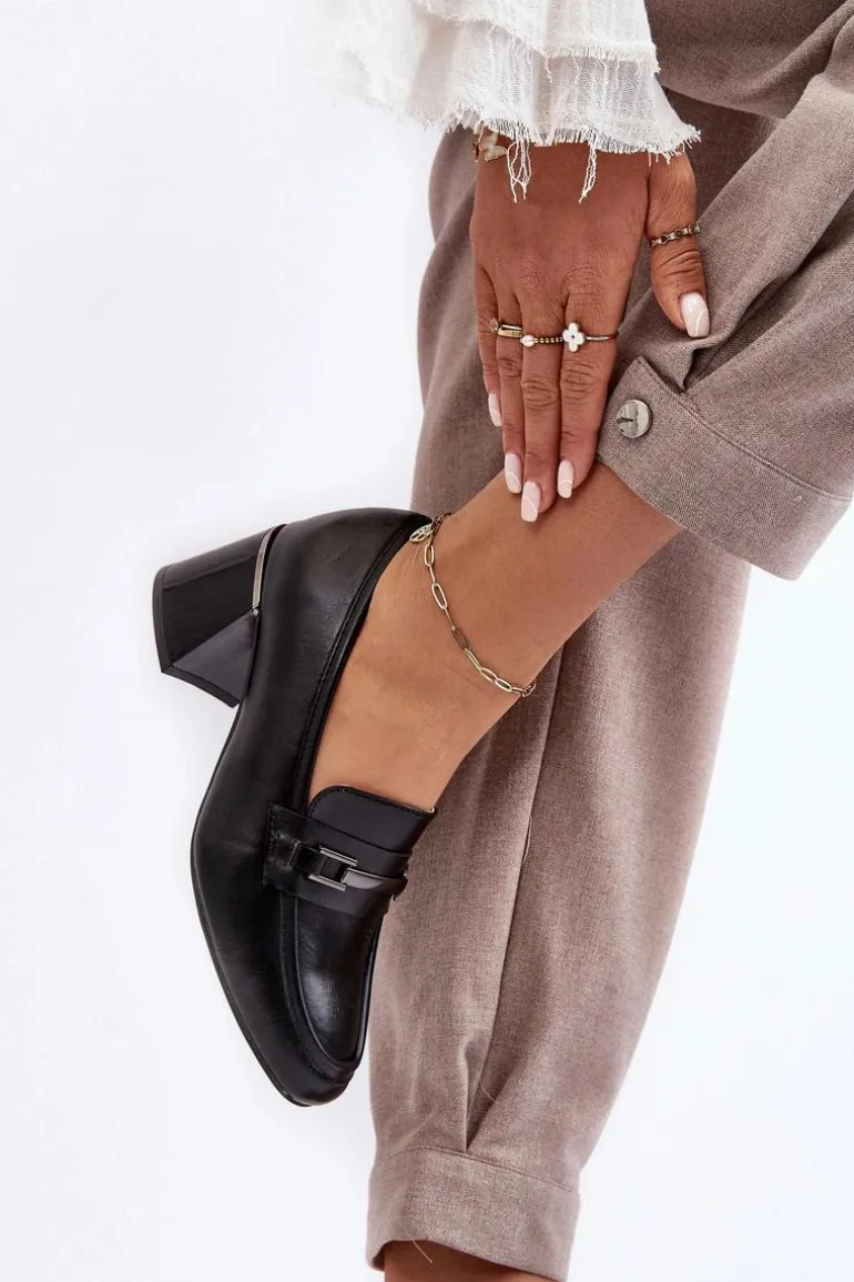 Skórzane Czółenka Na Słupku Czarne Idona