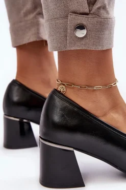 Skórzane Czółenka Na Słupku Czarne Idona