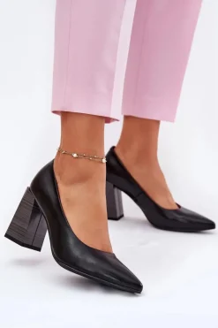 Skórzane Czółenka Na Słupku Czarne Gregosa