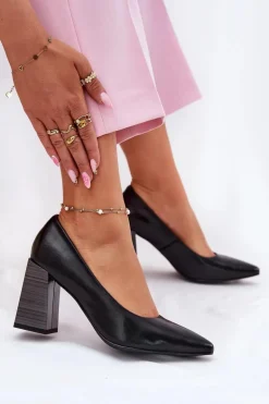 Skórzane Czółenka Na Słupku Czarne Gregosa