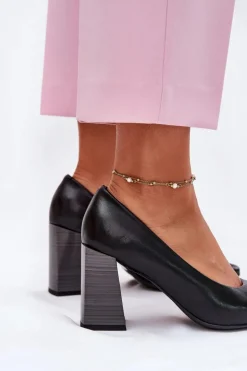 Skórzane Czółenka Na Słupku Czarne Gregosa