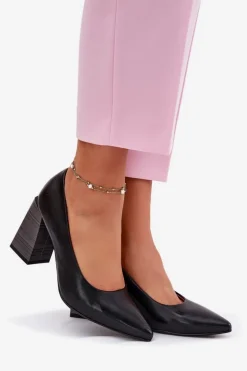 Skórzane Czółenka Na Słupku Czarne Gregosa