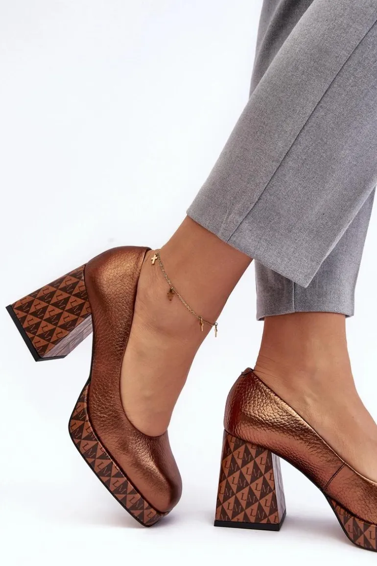 Skórzane Czółenka Na Słupku Laura Messi 259/819-821 Miedziane