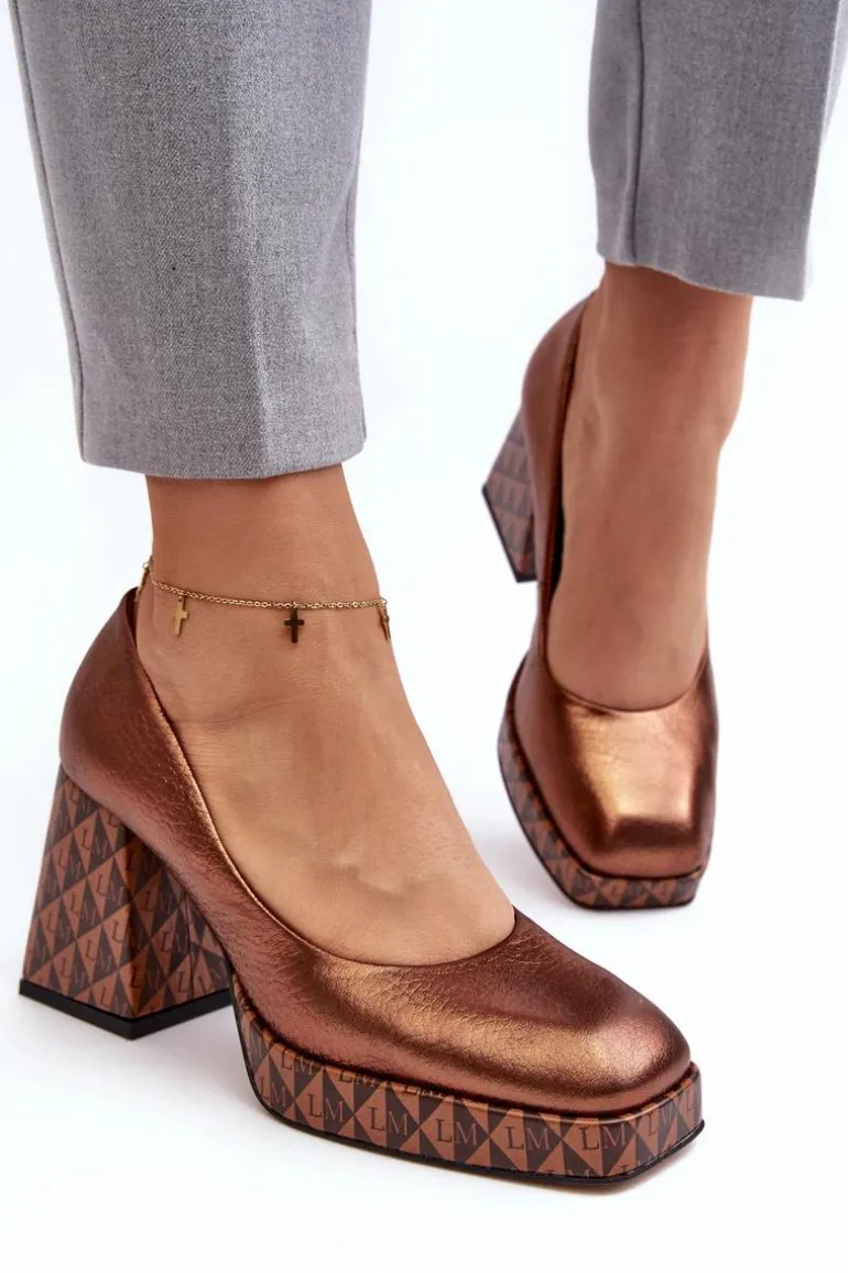 Skórzane Czółenka Na Słupku Laura Messi 259/819-821 Miedziane