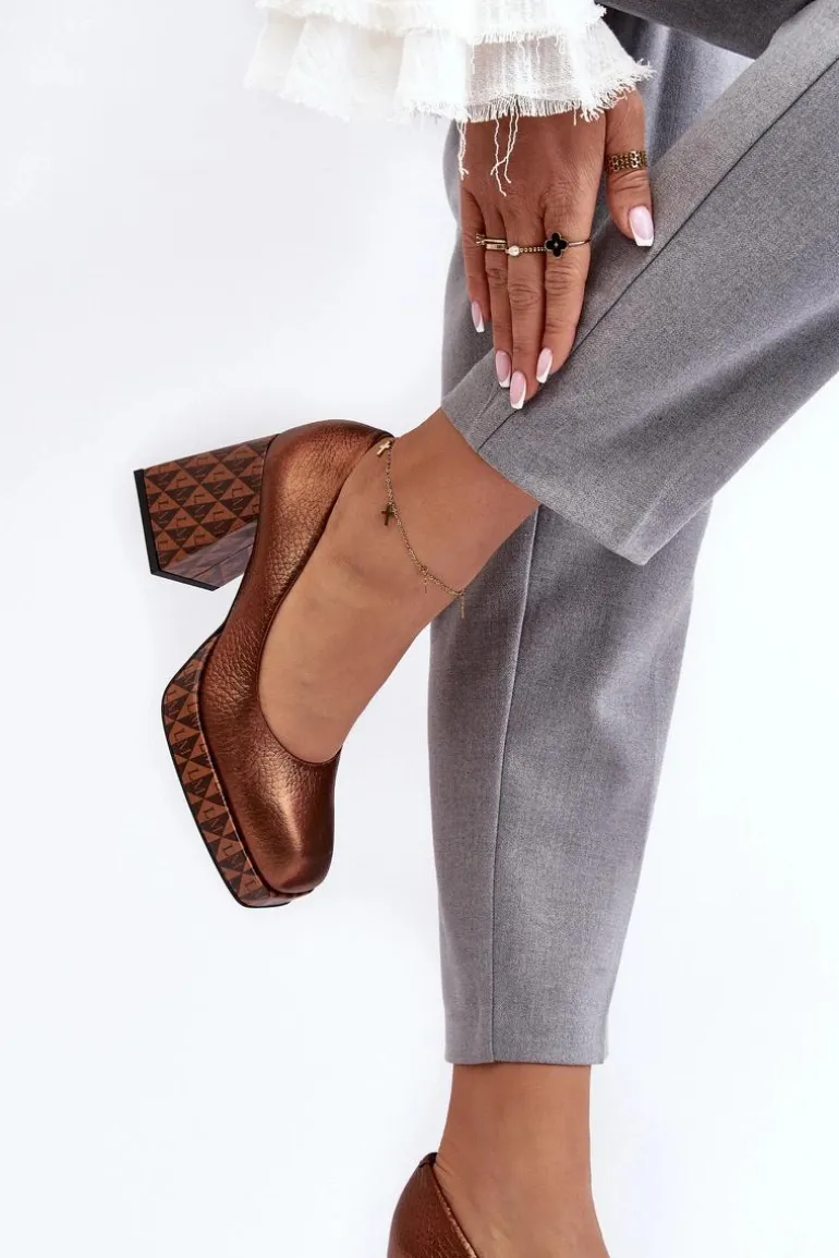 Skórzane Czółenka Na Słupku Laura Messi 259/819-821 Miedziane