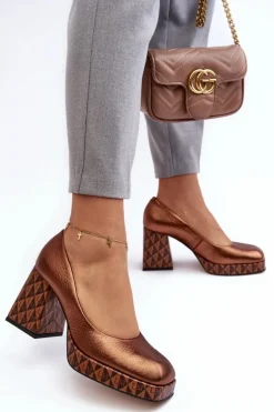 Skórzane Czółenka Na Słupku Laura Messi 259/819-821 Miedziane