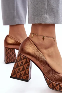 Skórzane Czółenka Na Słupku Laura Messi 259/819-821 Miedziane