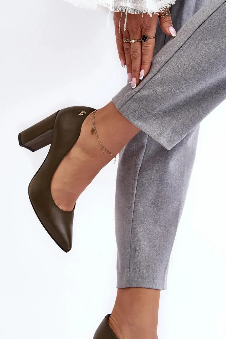 Skórzane Czółenka Na Słupku Laura Messi 2624/227 Ciemnozielone