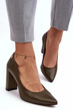 Skórzane Czółenka Na Słupku Laura Messi 2624/227 Ciemnozielone