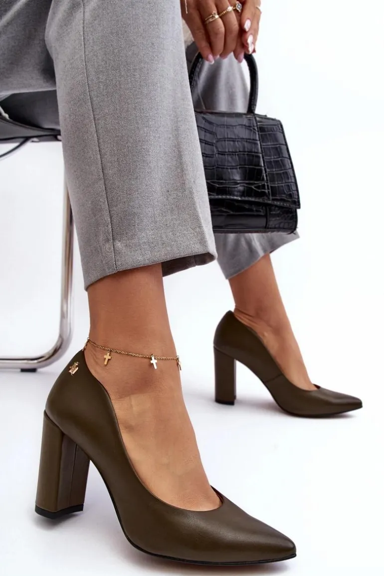 Skórzane Czółenka Na Słupku Laura Messi 2624/227 Ciemnozielone